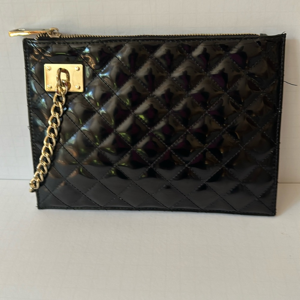Sondra Roberts Clutch Wristlet Black Quilted Patent Gold Tone Hardware